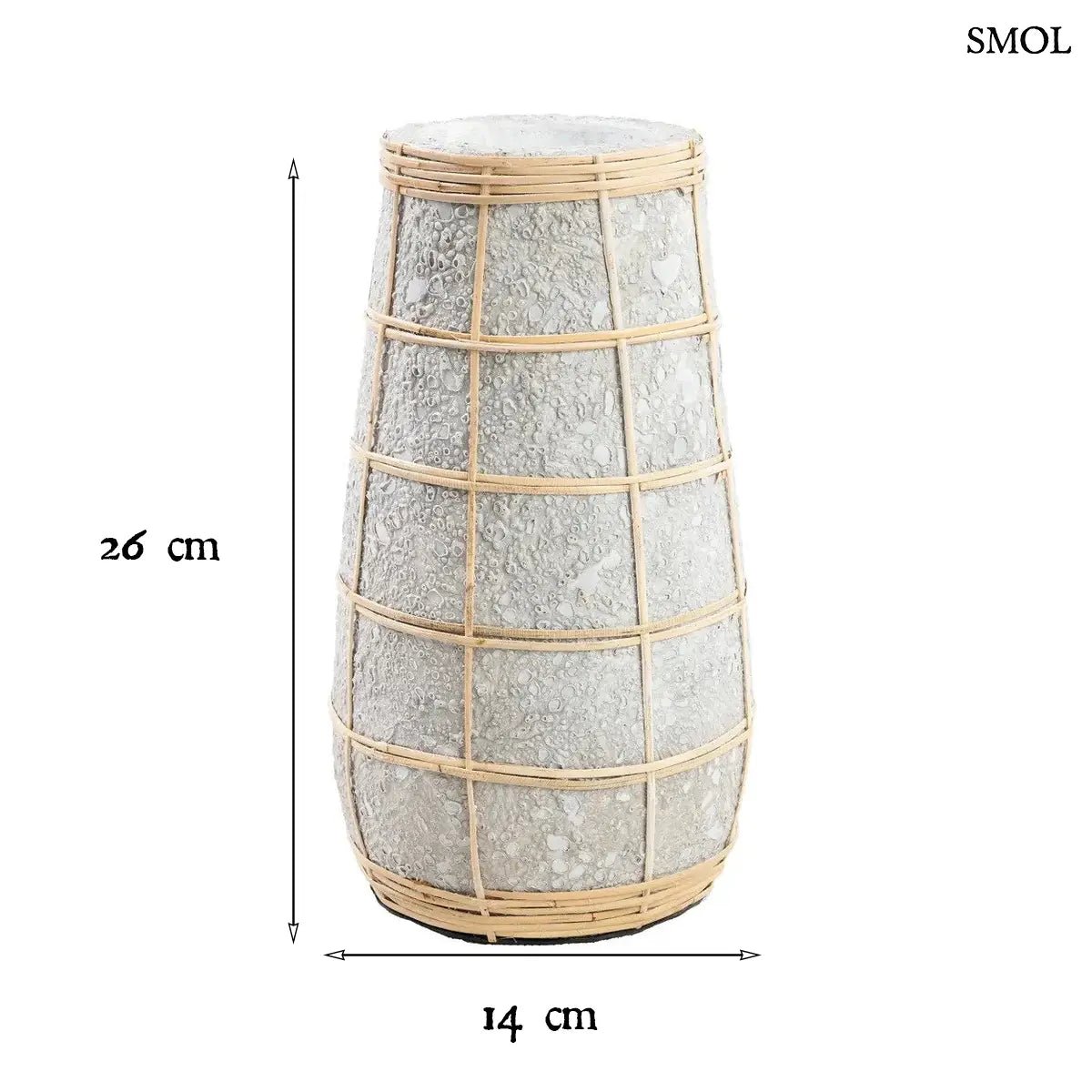 Beton hatású terrakotta váza természetes rattan fonattal, méretekkel