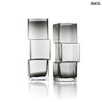 sötétszürke RUMMIKUB üveg váza három, egymásra épített kocka formájú üvegrészből, játékos, eltolt dizájnnal, oldalról, két méretben