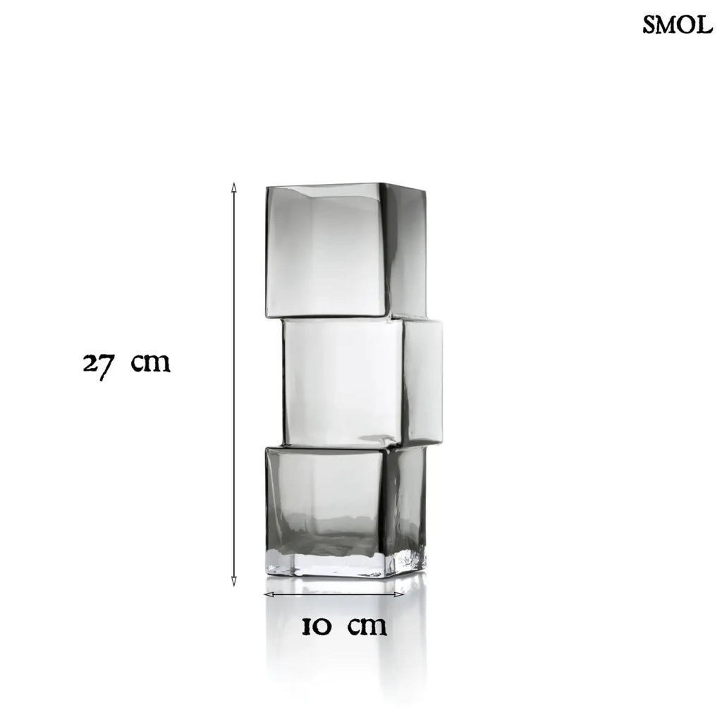 sötétszürke RUMMIKUB üveg váza három, egymásra épített kocka formájú üvegrészből, játékos, eltolt dizájnnal, méretekkel