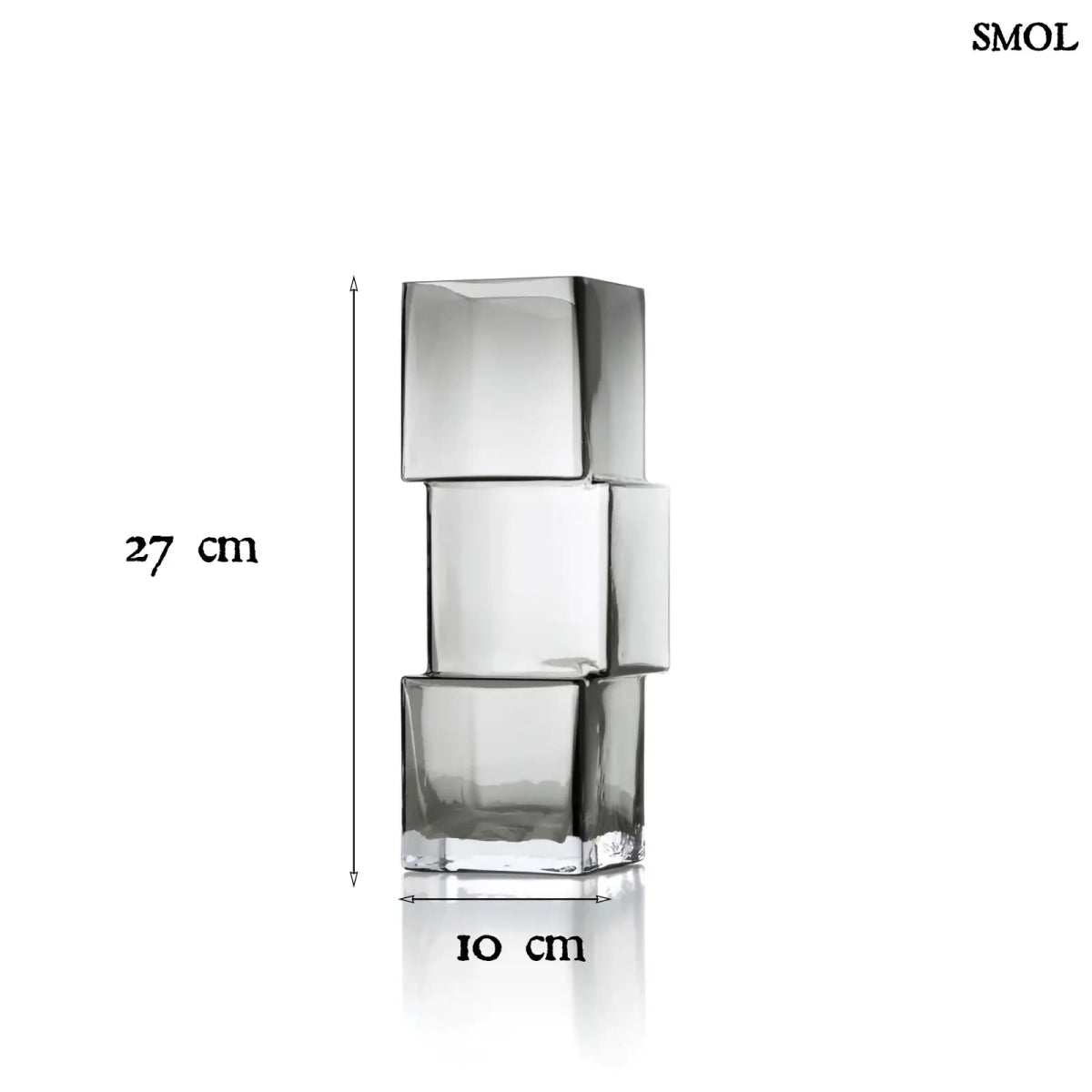 sötétszürke RUMMIKUB üveg váza három, egymásra épített kocka formájú üvegrészből, játékos, eltolt dizájnnal, méretekkel