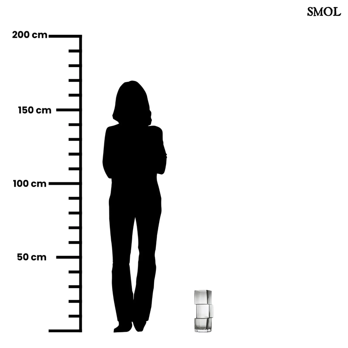 Függőlegesen elrendezett, három kocka alakú sötétszürke üveg váza, méretarányosan