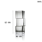 Függőlegesen elrendezett, három kocka alakú sötétszürke üveg váza, méretekkel