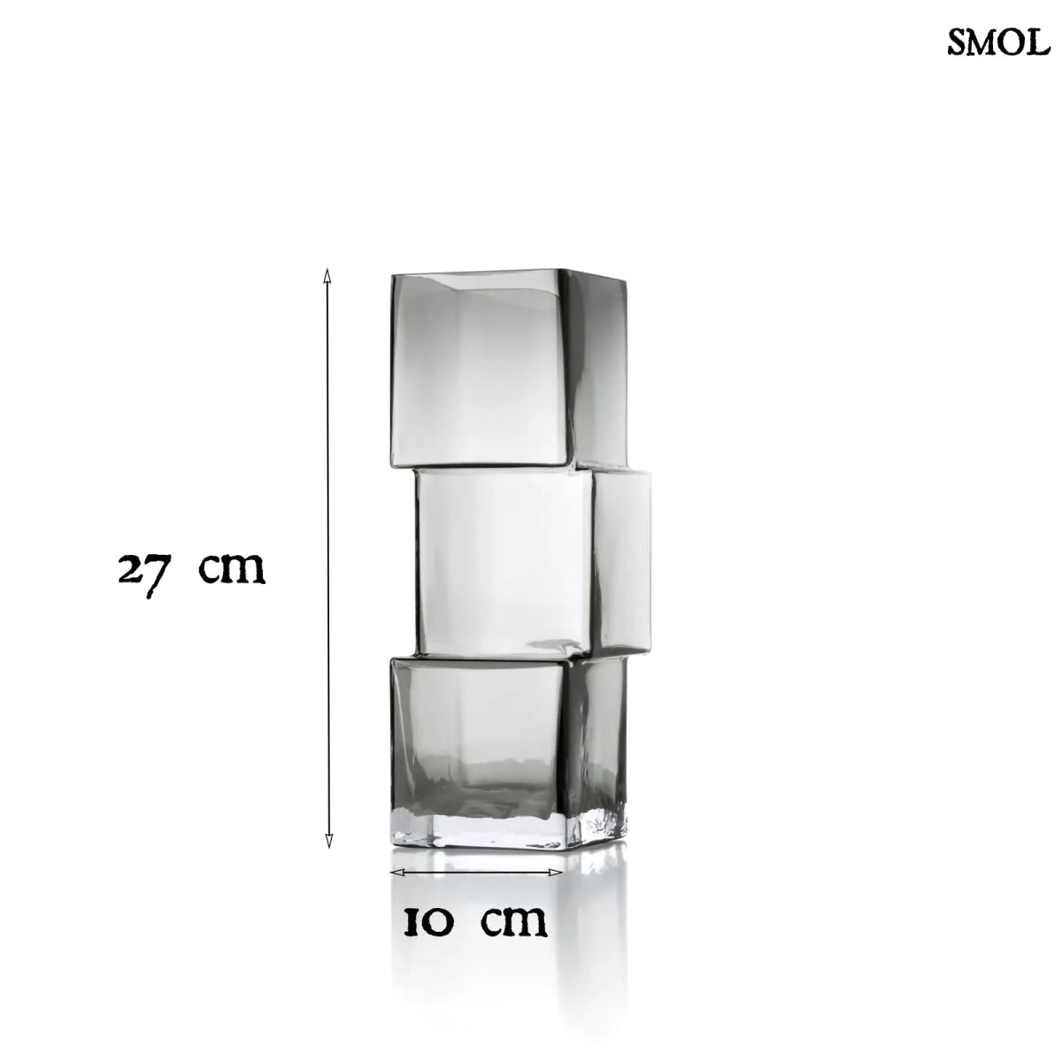 Függőlegesen elrendezett, három kocka alakú sötétszürke üveg váza, méretekkel