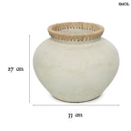 Rusztikus natúr terrakotta váza kézzel font raffia díszítéssel a peremén, méretekkel