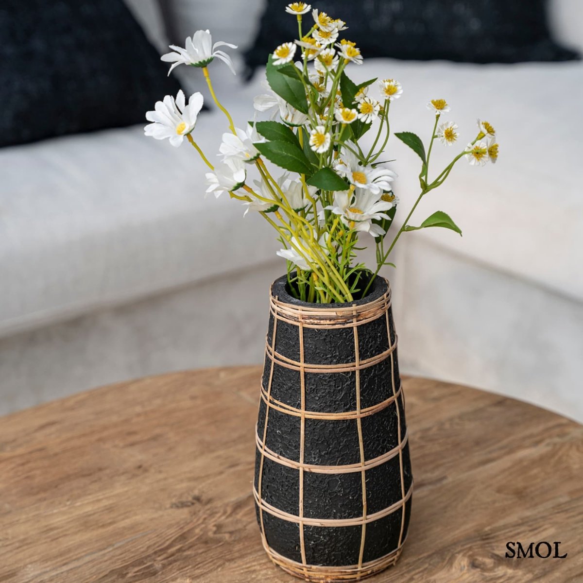 Váza - rattannal, fekete, 31 cm | LOVEY - SMOL