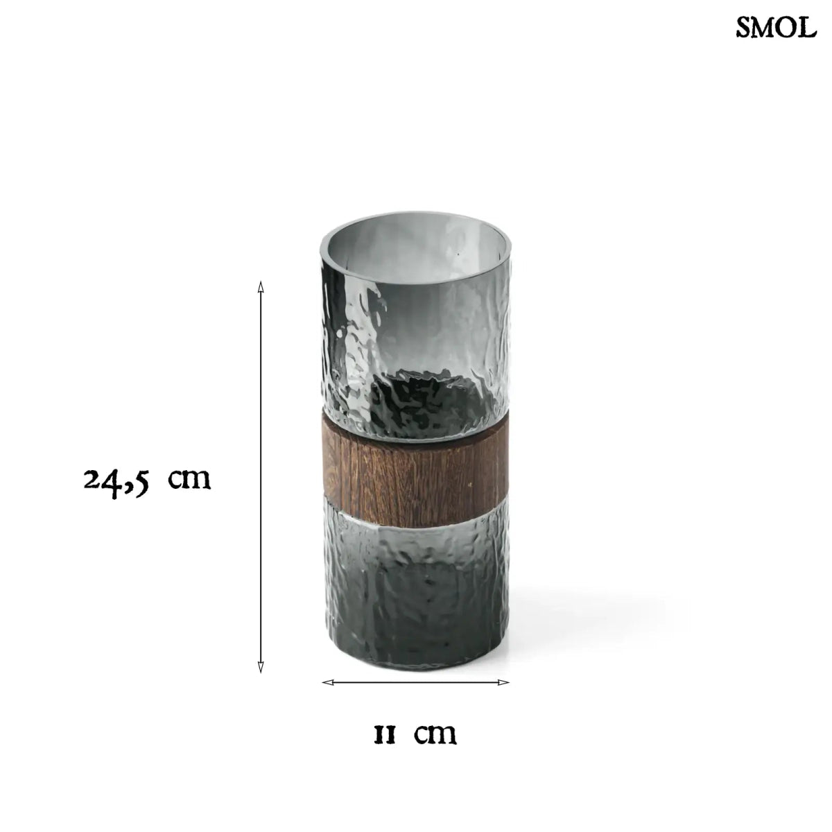 Sötétszürke textúrált üveg váza, barna fa berakással, méretekkel