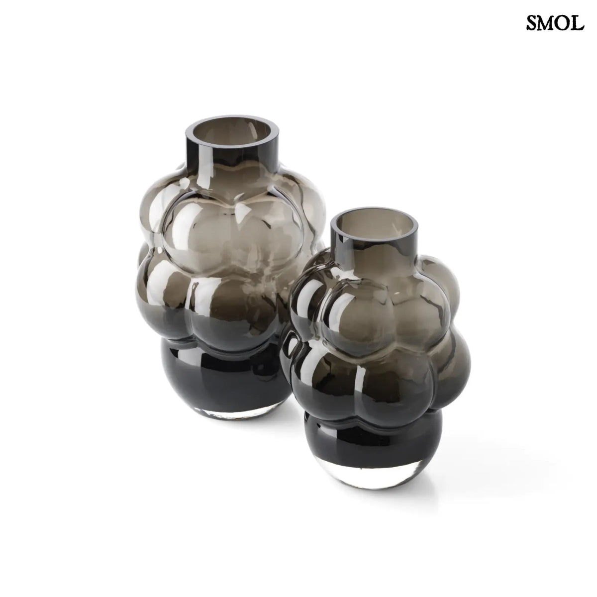 Sötétszürke luxus szürke üveg váza, buborékos szőlőfürt design formában. Újrahasznosított, kézműves termék, két méretben, felülről