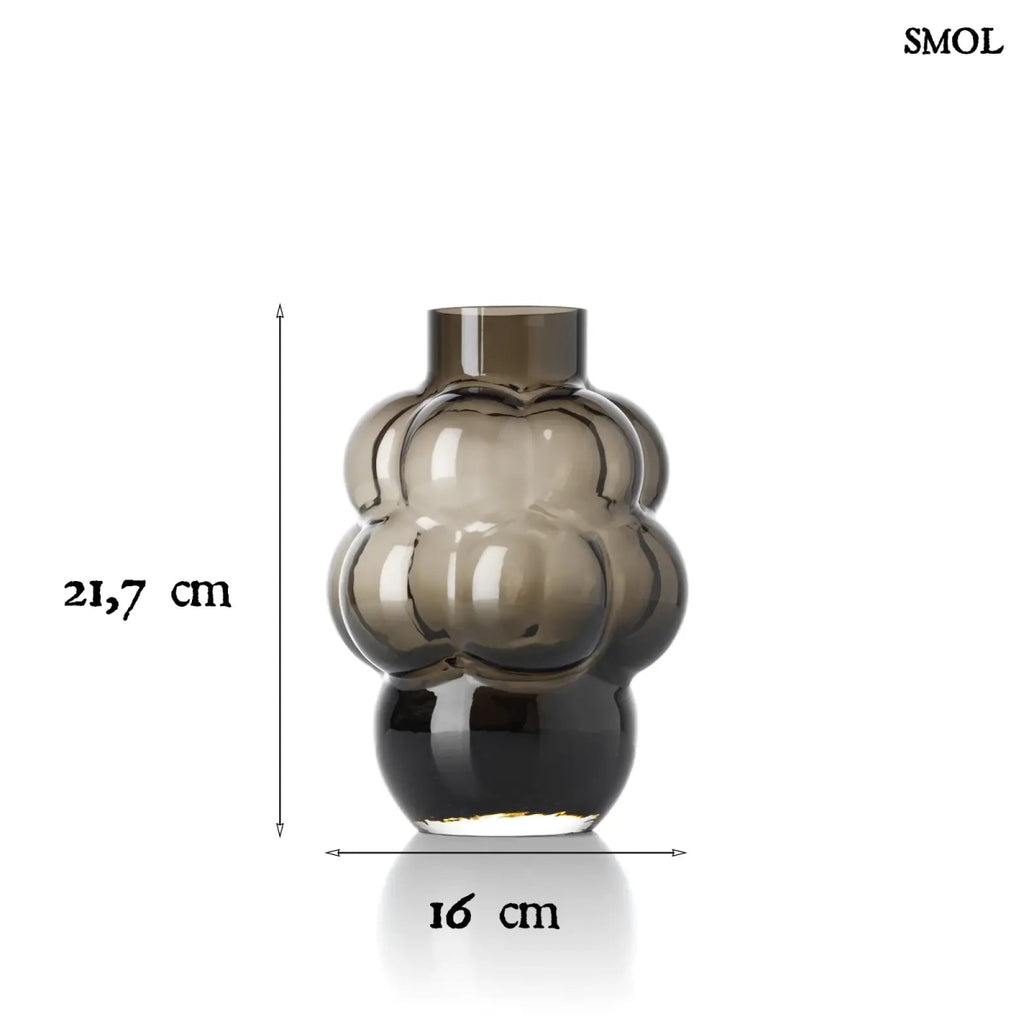 Sötétszürke luxus szürke üveg váza, buborékos szőlőfürt design formában. Újrahasznosított, kézműves termék, méretekkel