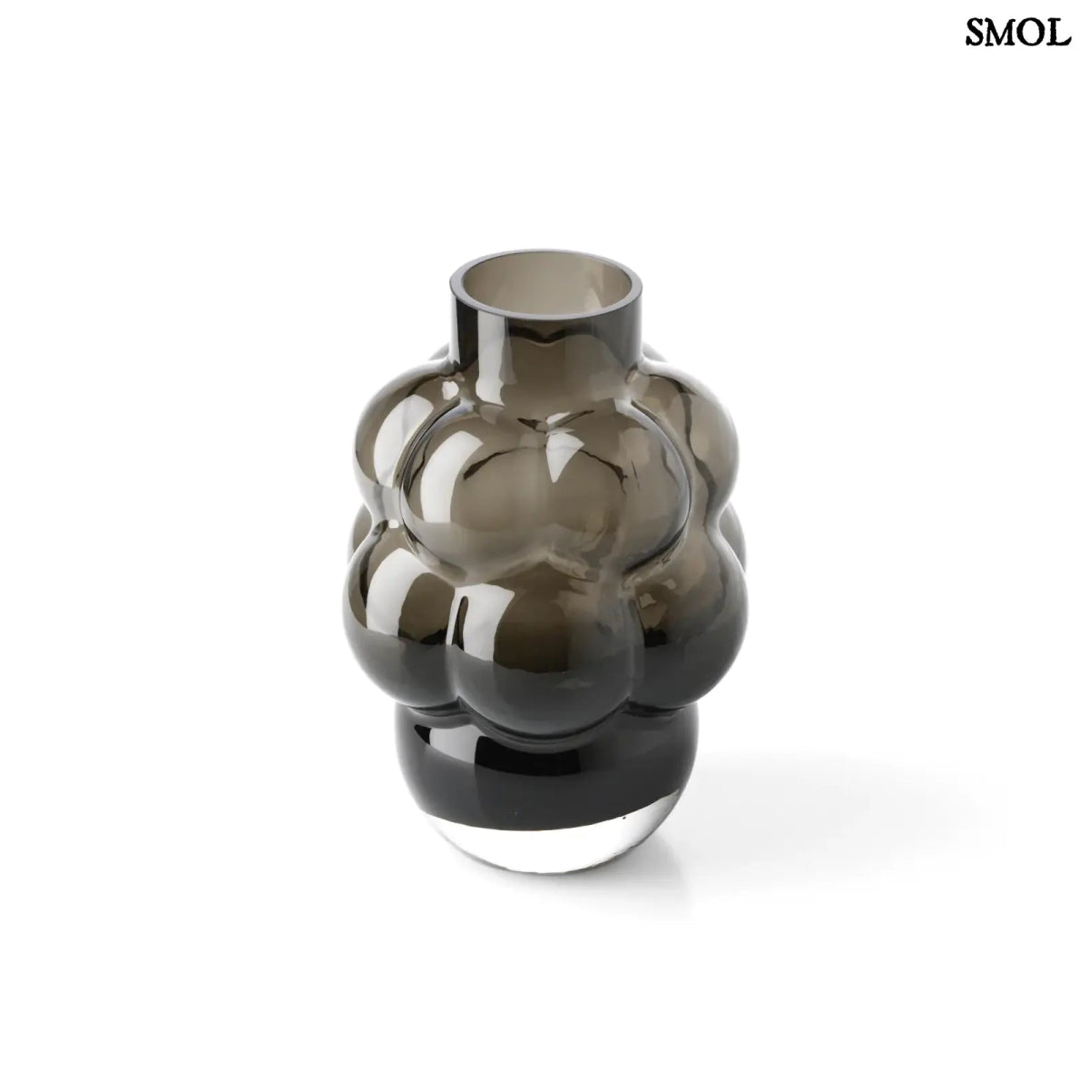 Sötétszürke luxus szürke üveg váza, buborékos szőlőfürt design formában. Újrahasznosított, kézműves termék, fehér háttérrel