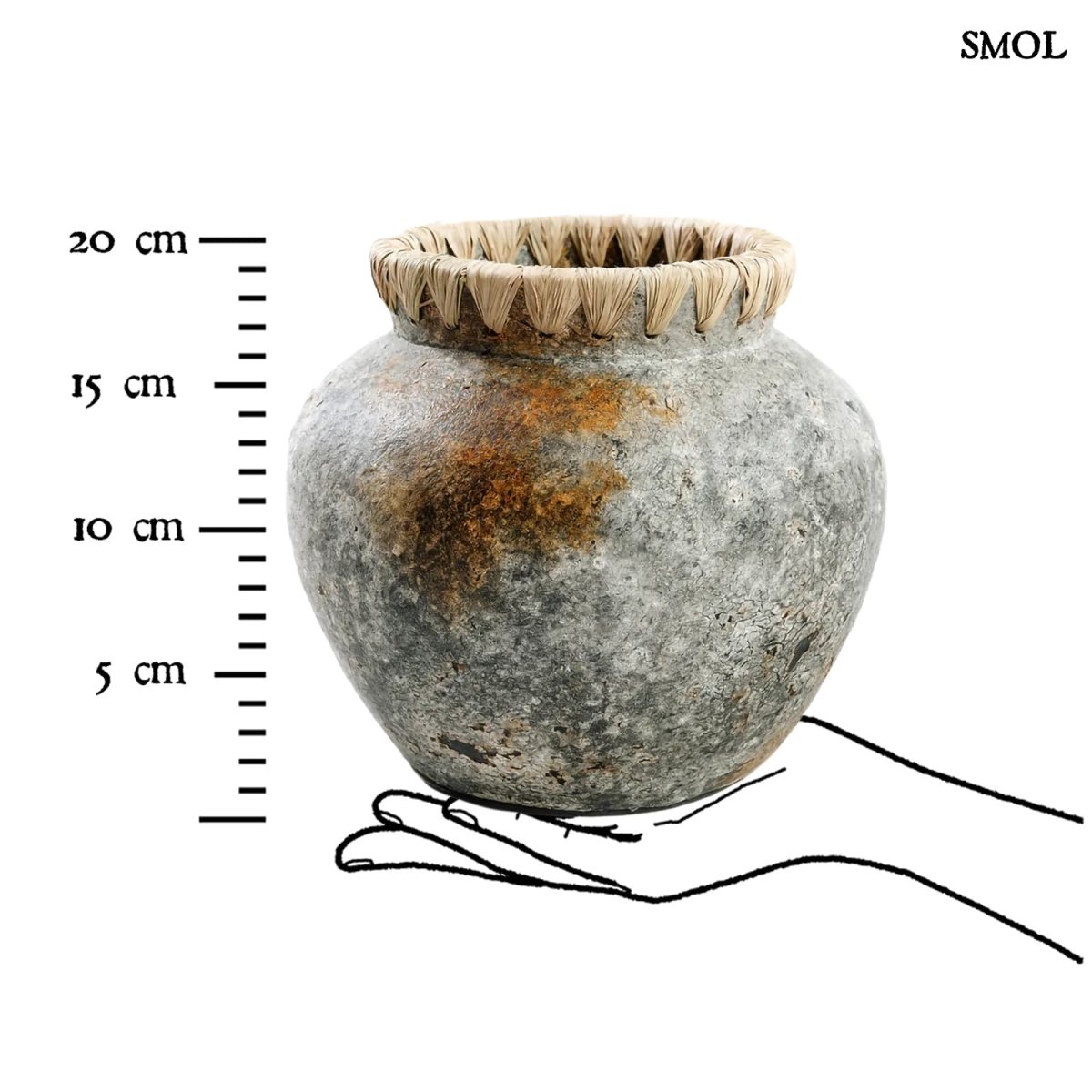 Váza - szürke terrakotta, raffiával, 22 cm | STELY - SMOL