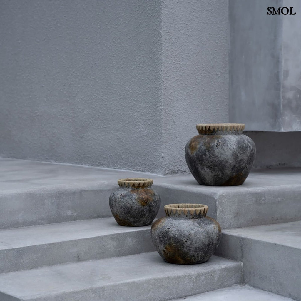 Váza - terrakotta, szürke, raffiával, 29 cm | STENY - SMOL