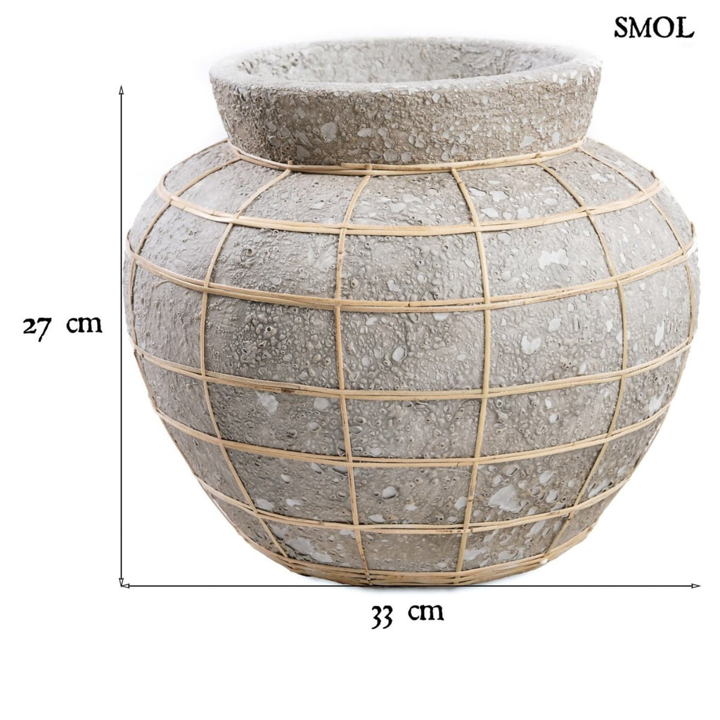 Váza - terrakotta, szürke, raffiával, 33 cm | BELLYNL - SMOL
