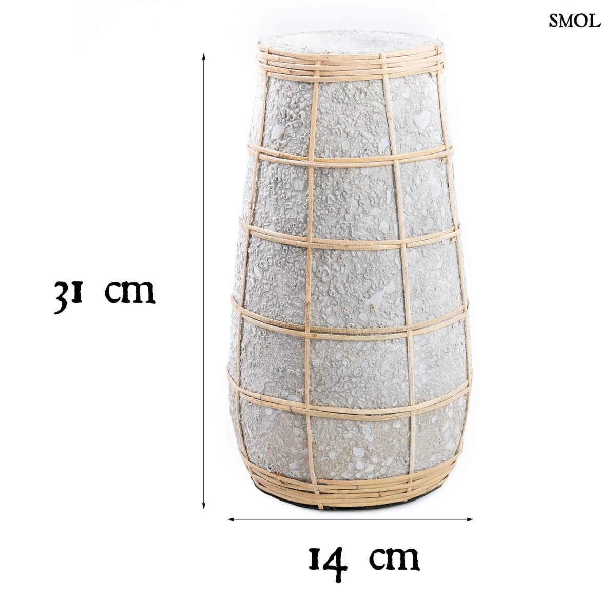 Szürke terrakotta váza rattan díszítéssel méretekkel