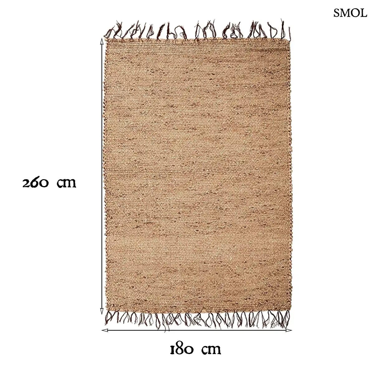 Kézzel szőtt, világosbarna vízijácint szőnyeg, jellegzetes fonott textúrával és sötétebb, csomózott rojtos szegéllyel, méretekkel