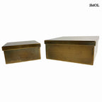 Két darabból álló, szögletes kialakítású antik bronz fémdoboz szett ékszerek és emlékek tárolására, oldalról