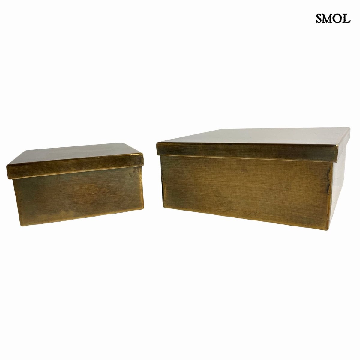 Két darabból álló, szögletes kialakítású antik bronz fémdoboz szett ékszerek és emlékek tárolására, oldalról