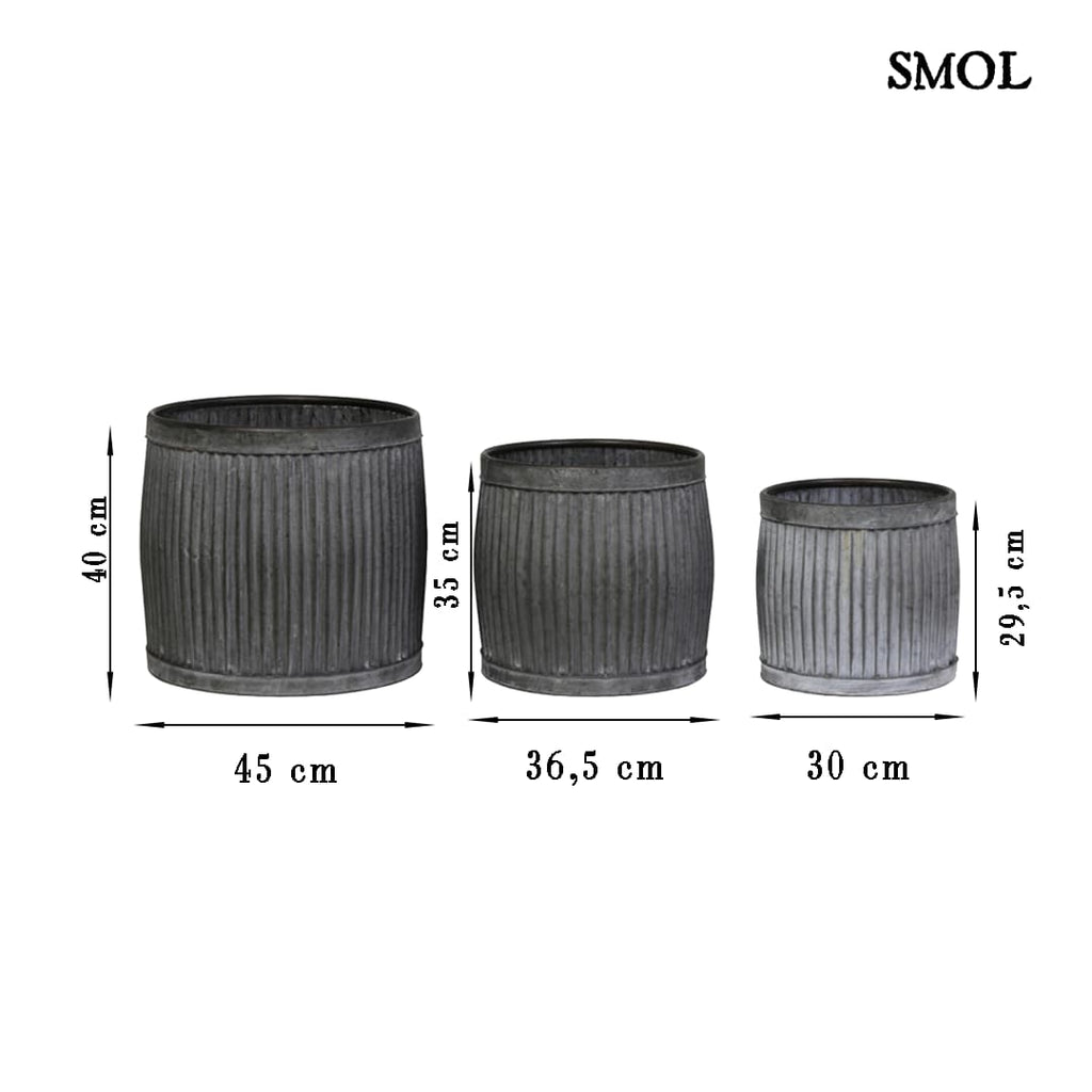 Virágtartó és kisasztal szett - 3 db-os, antikolt szürke, fém | FRIDA - smol.hu - méretekkel