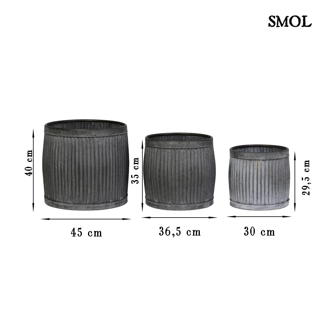 Virágtartó és kisasztal szett - 3 db-os, antikolt szürke, fém | FRIDA - smol.hu - méretekkel